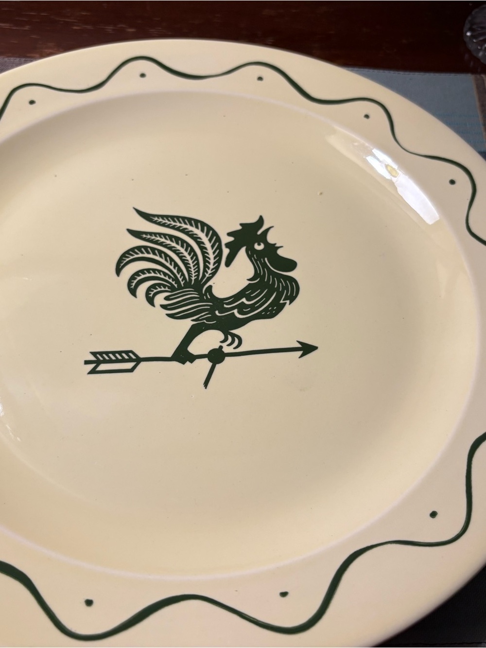 Cream and Green Rooster Ceramic Dinner Plate